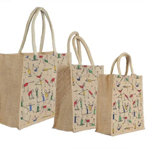 Asbah YOGA PRINT JUTE SHOPING HAND BAG PACK 3 Multipurpose Bag  (Tan, 15 L)
